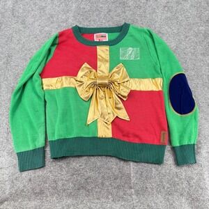 Tipsy Elves Gift Wrap Christmas Sweater XL Red & Green With Gold Bow FLAW